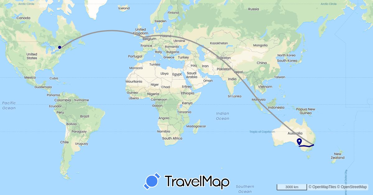 TravelMap itinerary: driving, plane in Australia, Canada, United Kingdom, Singapore (Asia, Europe, North America, Oceania)